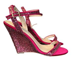 Betsey Johnson | Women's Pink Blue By Darci Wedge Evening Sandals | Size 8.5